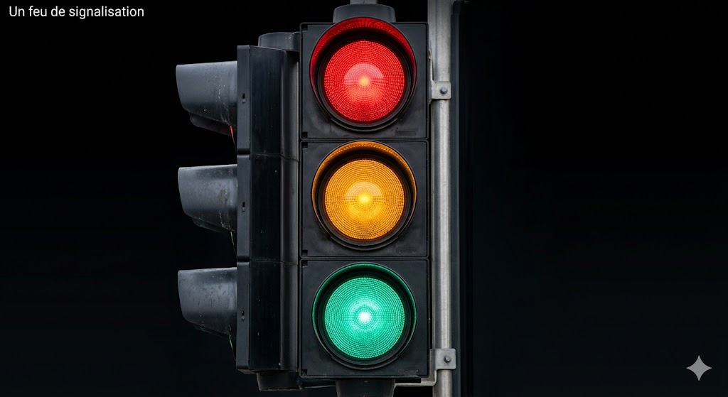 <p>Le feu pour s'arrêter ou avancer (rouge, jaune, vert)</p>