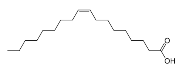 <p>Bilden visar en lipid, vad är sant om denna lipid? (1 p).</p><p>Välj två alternativ:</p><p>a) Den är en Ω-9 fettsyra</p><p>b) Den är en Ω-3 fettsyra</p><p>c) Den betecknas 18:1 (Δ9)</p><p>d) Den betecknas 18:3 (Δ9, 12, 15)</p><p>e) Den är en Ω-7 fettsyra</p><p>f) Den är inte en omega-fettsyra</p><p>g) Den är en Ω-5 fettsyra</p><p>h) Den betecknas 18:0</p>