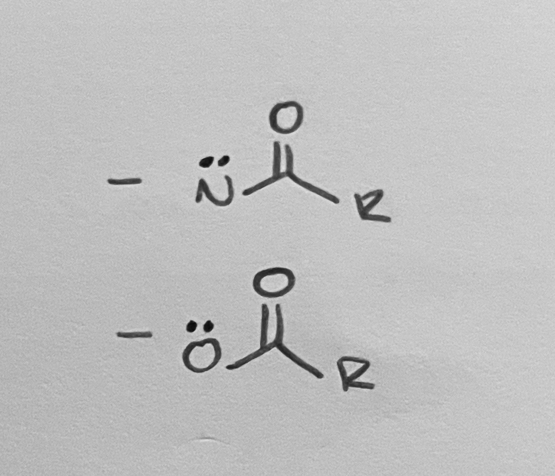 <p>Lone pairs “distracted” with carbonyl group, -OCH3, -OR</p>