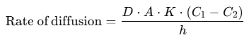 <p>D = diffusion coefficient (cm<sup>2</sup>/s)</p><p>A = surface area of membrane (cm<sup>2</sup>)</p><p>K = partition coefficient (drug’s lipid solubility)</p><p>C<sub>1</sub>-C<sub>2</sub> = concentration difference across membrane</p><p>h = membrane thickness (cm)</p>