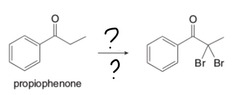 <p>Br attaches to alpha position of ketone/aldehyde</p><p>XS can yield 2 Br additions to each alpha carbon</p><p>(alpha halogenation)</p>