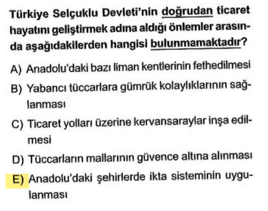 <p>İkta sistemi <strong>tarım ve askerlik</strong> ile ilgilidir. Kervansaraylar, sigortacılık sistemi ve liman fetihleri ise doğrudan ticareti canlandırmak içindir.</p>