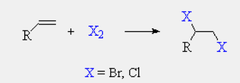 <p>anti-addition of 2 Br</p><p>Alkyne + 1 eq Br2 = Alkene with Br at each side,</p><p>+ 2nd eq Br2 = Alkane with 2 Br at each side</p><p>bromination</p>