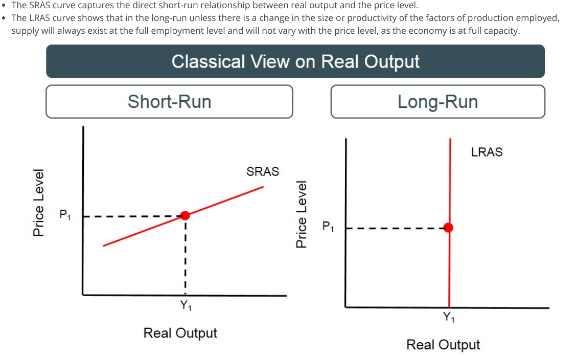 <ul><li><p><strong>SRAS (Short Run):</strong> Upward sloping. It shifts based on <strong>costs of production</strong> (wages, raw materials like oil, electricity).</p></li><li><p><strong>LRAS (Long Run):</strong> A vertical line. It represents the maximum "Potential GDP" a country can produce using all its resources.</p></li><li><p><strong>Essay Analysis:</strong> If the economy is producing at a point to the right of the LRAS, it is "overheating," leading to high inflation.</p></li></ul><p></p>