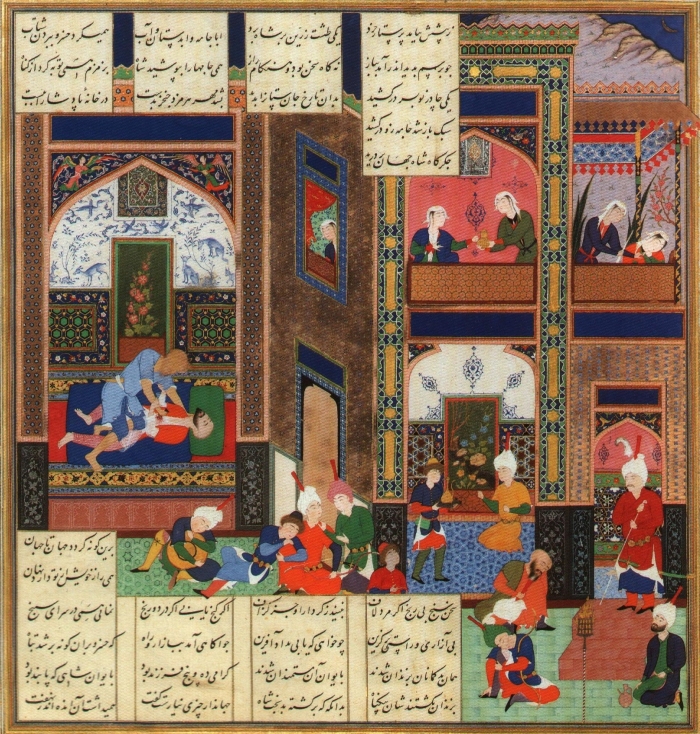 <p><span>The assassination of Khosrau II in a manuscript of the Shahnameh of Shah Tahmasp made by Abd al-Samad (1535)</span></p>