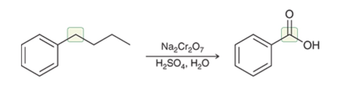 <p>Adds a carboxylic acid to a primary or secondary carbon</p><p>Can only bond to benzylic carbons </p><p>Can cleave off all following carbons after the benzylic carbon</p>