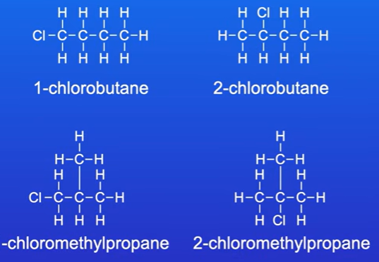 <p>1 chlorobutane, and 2 chlorobutane</p><p>Rearranging carbon chain allows us to make two molecules based on methylpropane.</p><p>These are 1-chloromethylpropane and 2-chloromethylpropane.</p>