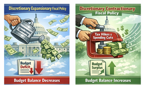 <ul><li><p>Discretionary expansionary fiscal policies reduce the budget balance for that year. </p></li><li><p>An increase in government spending (G) lowers the budget balance and can lead to a budget deficit.</p></li><li><p>Discretionary contractionary fiscal policies increase the budget balance for that year.</p></li></ul><p></p>
