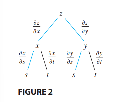 <p>In general, the more complex the function is, the more branches that will be required. Start with the n variables with which the original function is defined. From there, create a branch for each of the n variables. From there, create two m branches for each of the variables that each of the original n variables have. </p><p></p><p>SO in the picture attached, z is defined as z = f(x,y). So our first two branches are x and y. From there, x and y are both defined in terms of s and t; therefore, we have x = g(s,t) and y = h(s,t). From there, we take the partial derivatives of x and y with respect to the individual s and t variables. </p>