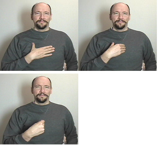 <p>dom hand on chest bring outward to a flat “o”</p>