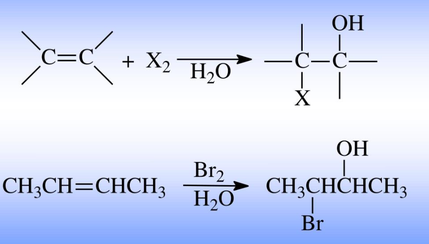 <p>product: halohydrin (<span>adding a halogen and a hydroxyl group to adjacent carbons)</span></p>