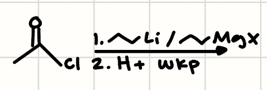<p>(Acid Chloride) + (1. Organolithium or Grignard 2x | 2. H+ wkp)</p>