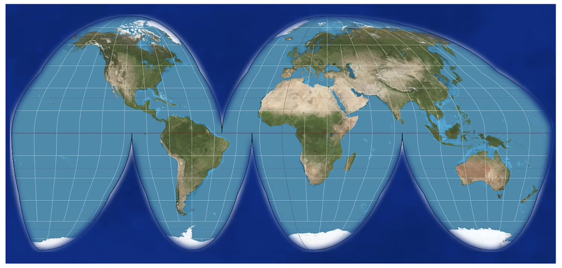 <p>Interrupted map</p><p>Preserves size and shape</p><p>Distorts distance </p>