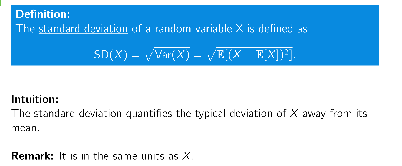 <p>The standard deviation is the square root of the variance, representing the average distance of each data point from the mean. It provides a measure of the spread or dispersion of a dataset. </p>