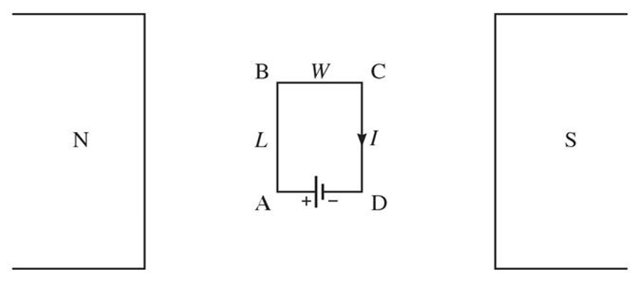 <p><span>A flat rectangular loop of wire is placed between the poles of a magnet, as shown in the figure. It has dimensions </span><em>w</em><span> = 0.60 m and </span><em>L</em><span> = 1.0 m, and carries a current </span><em>I</em><span> = 2.0 A in the direction shown. The magnetic field due to the magnet is uniform and of magnitude 0.80 T. The loop rotates in the magnetic field and at one point the plane of the loop makes a 30° angle with the field. At that instant, what is the magnitude of the torque (in N * m) acting on the wire due to the magnetic field?</span></p>