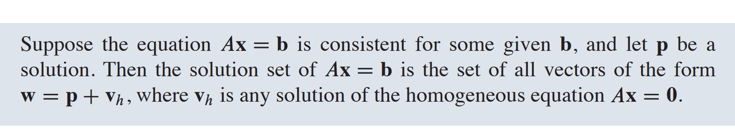 <p>if Ax = b has a solution, then it’s translated from Ax = 0</p>