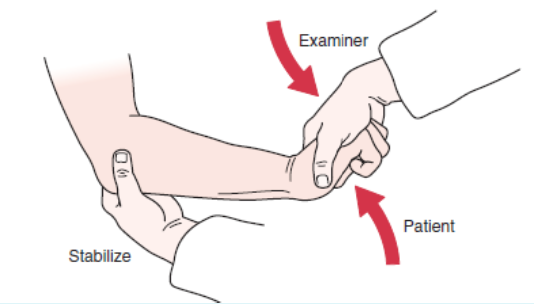 <ul><li><p><span>Also known as Tennis elbow test/ Cozen’s test</span></p></li><li><p><span>PURPOSE- Identify lateral epicondylopathy</span></p></li><li><p><span>DESCRIPTION- The patient is sitting with elbow 90 degree flexion then asked to actively make a fist, pronate the forearm, and radially deviate and extend the wrist while the examiner resists the motion.</span></p></li><li><p><span>RESULT- Sudden severe pain in the area of the lateral epicondyle of the humerus is a positive sign</span></p></li></ul><p></p>