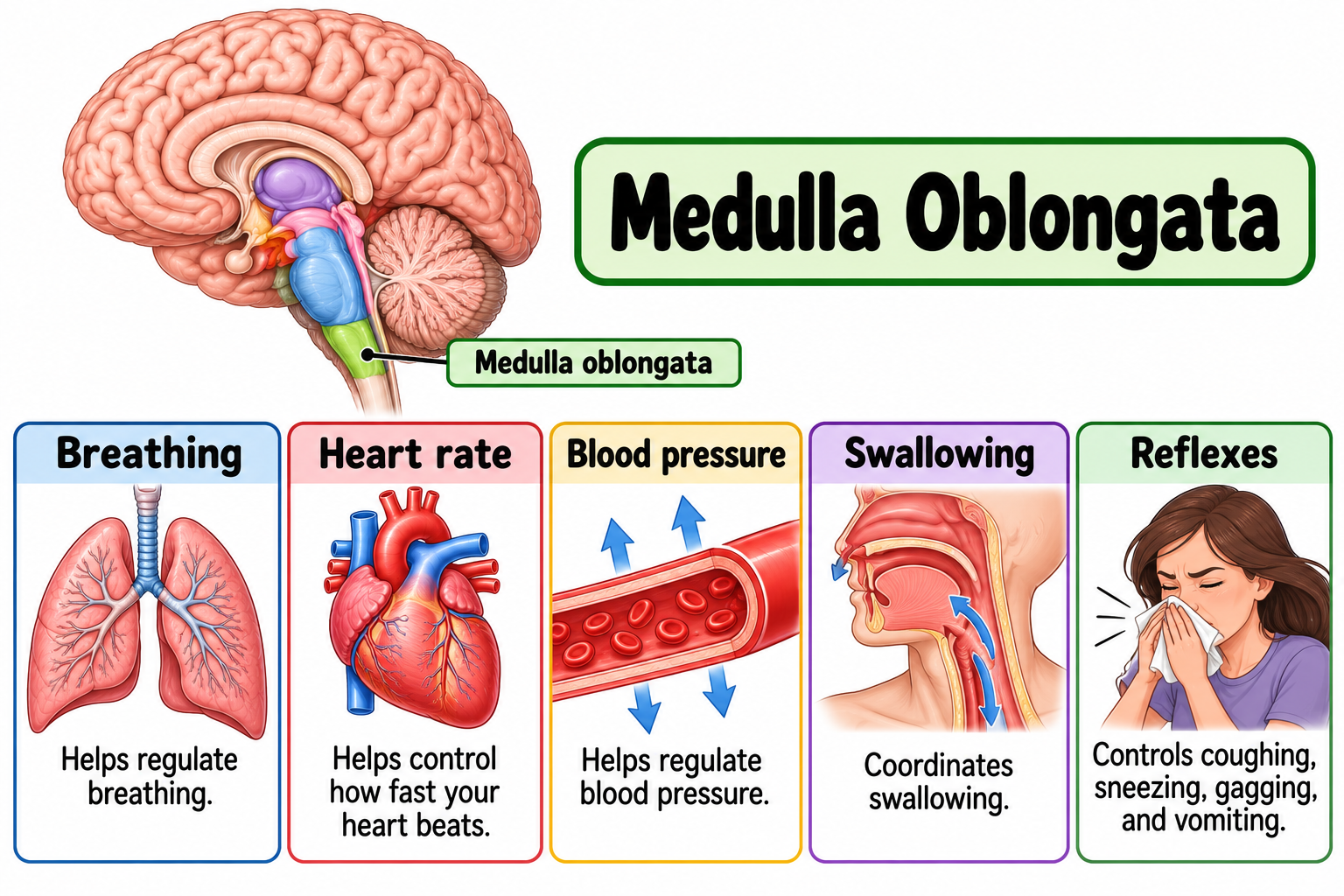 <p><strong>Breathing: regulates breathing</strong></p><p><strong>Heart rate: Controls how fast your heart beats</strong></p><p><strong>Blood pressure: Regulates blood pressure</strong></p><p><strong>Swallowing: Coordinates swallowing</strong></p><p><strong>Reflexes: Controls coughing, sneezing, gagging, and vomiting</strong></p>