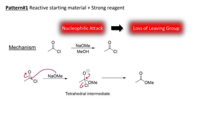 <p><strong><u>Reaction #11) </u></strong></p><p><strong>Pattern #1</strong> - _________</p><ul><li><p><mark data-color="yellow" style="background-color: yellow; color: inherit;">Nucelophilic Attack → Loss of Leaving Group</mark></p><ul><li><p>Nucelophile is strong enough to attack right away </p></li></ul></li></ul><p></p>