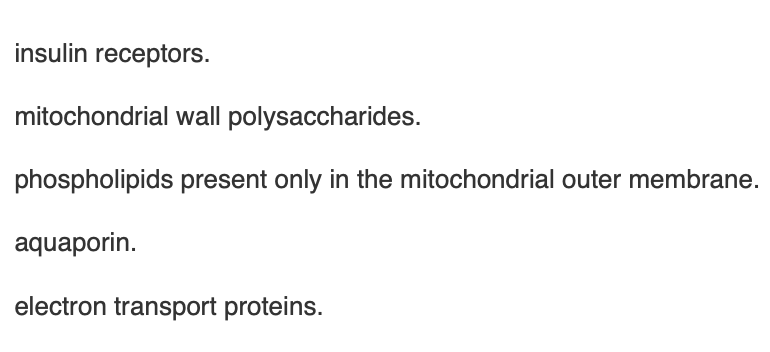 <p><span>Starting with shredded spinach leaves, you follow a procedure that separates cellular organelles into different fractions. To identify the fraction that contains the mitochondria, you should test for the presence of</span></p>