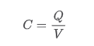 <p><span>where </span><em>C</em><span> is capacitance, </span><em>Q</em><span> is charge, and </span><em>V</em><span> is voltage.</span></p>