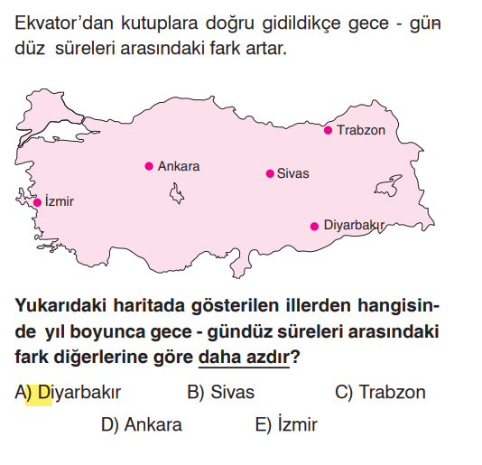 <p>Ekvator'da gece ve gündüz her zaman 12 saattir (fark sıfırdır). Ekvator'dan kutuplara gidildikçe bu fark artar. Türkiye'de Ekvator'a en yakın (en güneydeki) ilde süre farkı en azdır.</p>