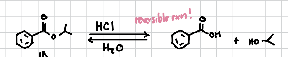 <p>Will separate a carboxyl group and an ester leaving both sides as alcohols, better if you want to react something with it afterwards. </p><p>Reagents: HCl </p>