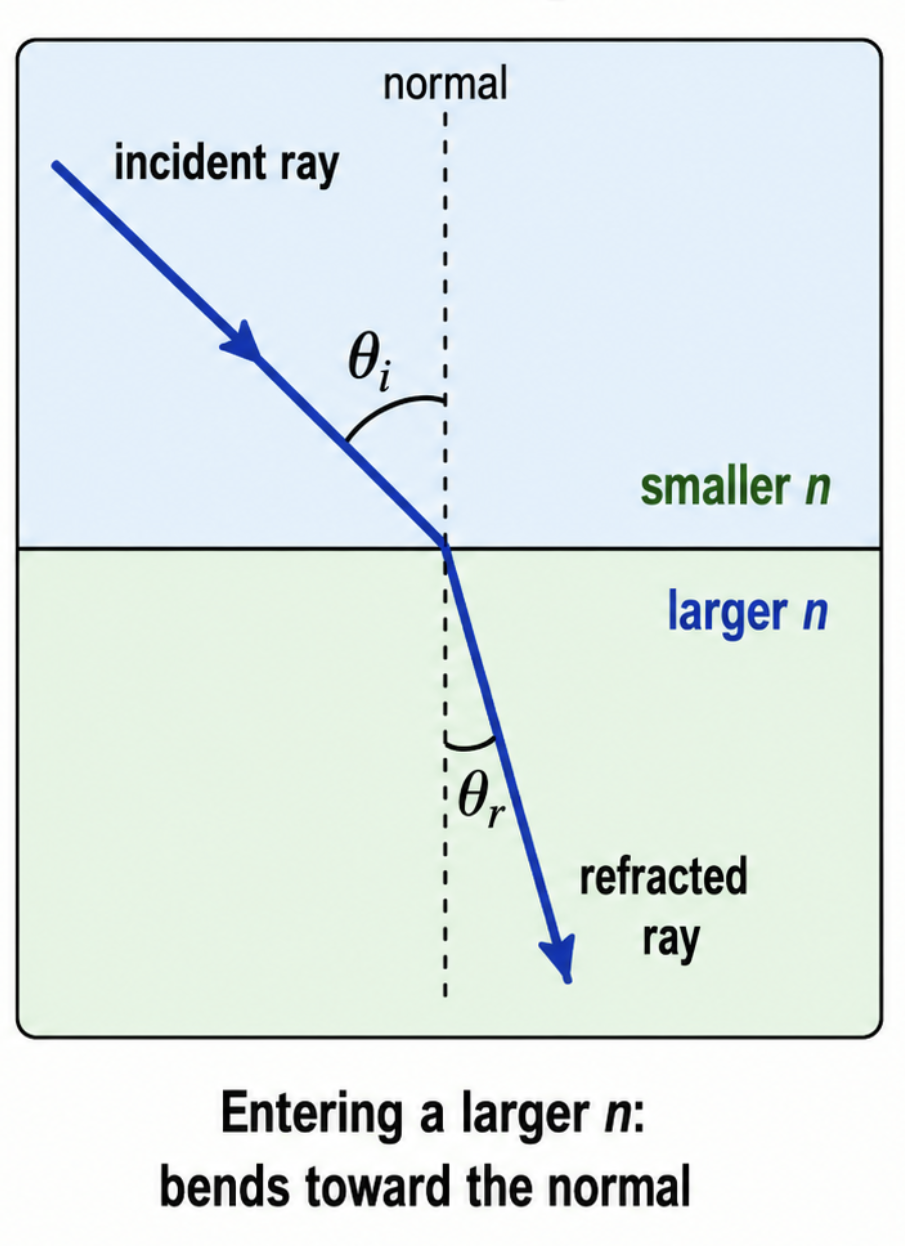 <p>Rays entering a smaller N, bend TOWARDS the normal of the interface</p>