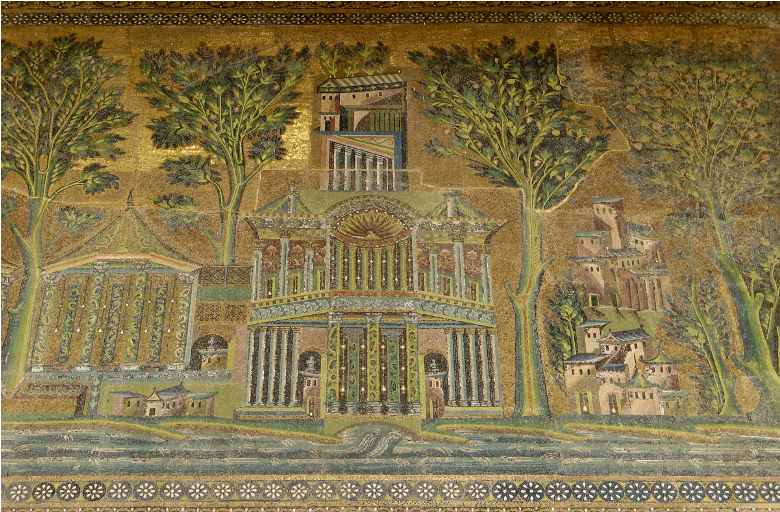 <p><span>Mosaic decorations of the Grand Mosque of Damascus, made of colored and gold tesserae, 706</span></p>