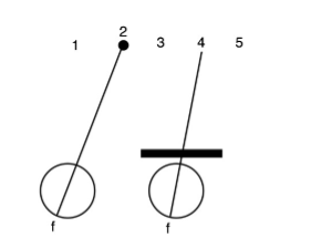 <p>A person with a near exophoria is fixating a near point with the left eye while the right eye is covered (see figure). According to principles of visual direction, where would the fixated object (black dot) appear to be located?</p><p></p><p>a) Left of the true object (1)<br>b) In its true location (2)<br>c) Between the two visual axes (3)<br>d) On the right eye visual axis (4)<br>e) To the right of the right eye’s visual axis (5)</p>