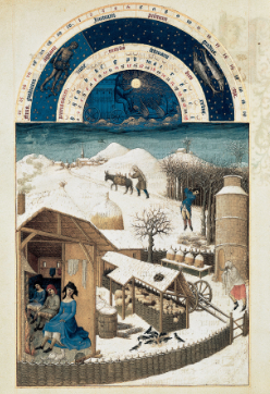 <p>Limbourg Brothers (1413–1416),illuminated manuscript</p><p>-shows how medieval peasants worked in the winter. this is one of the few visual records of medieval rural life </p><p>-created for elites, this pamphlet in the calendar mocks these peasants however unironically shows how they live </p><p>-detail on a small scale using tempera paint </p>
