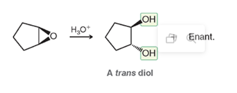 <p>they will create an epoxide (inwards flower with wedges from the double bond to an O) and with the addition of an acid after create an outwards flower with wedge and dash OH. </p>