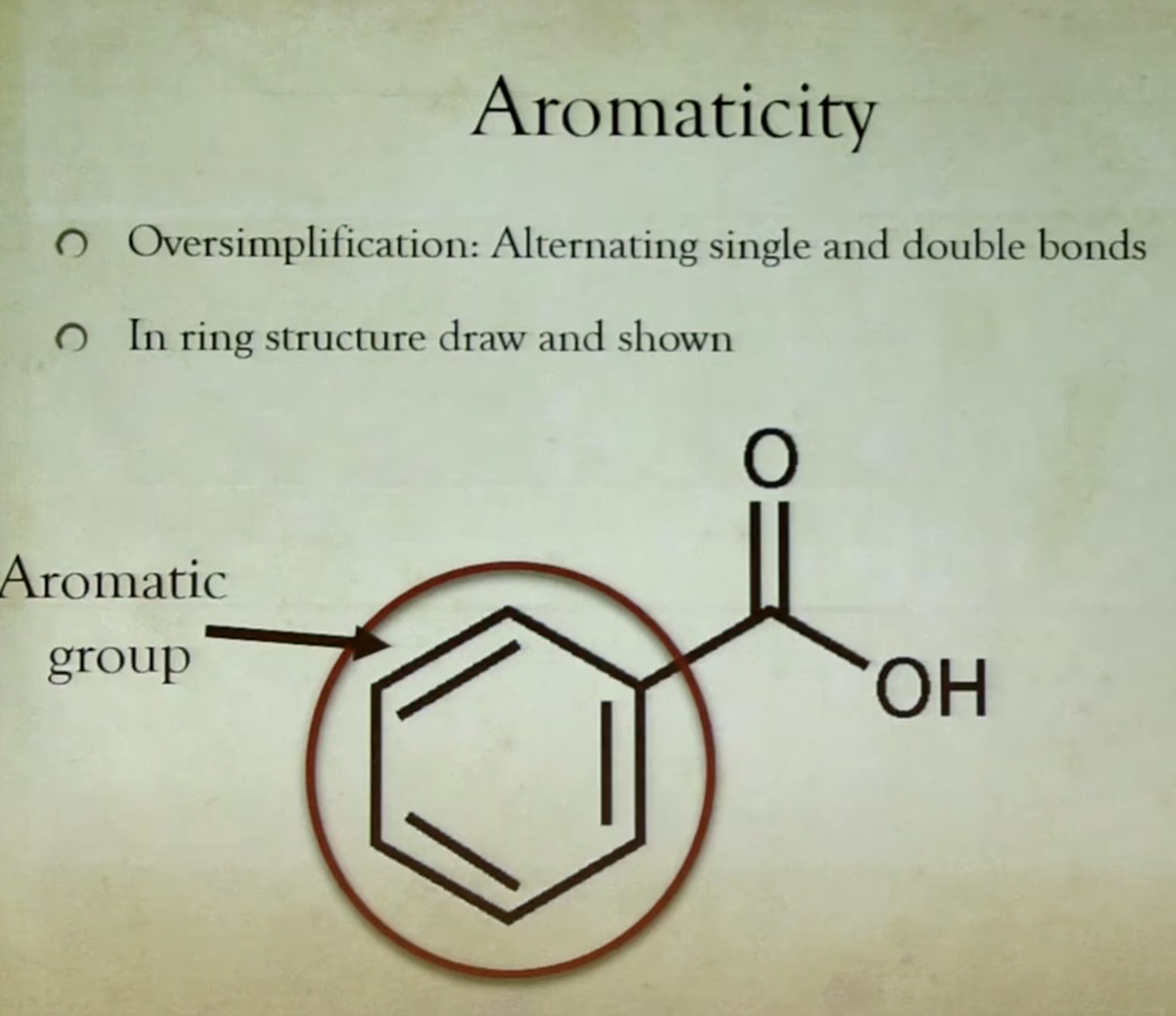 <ol><li><p>More stable conjugate base (anion) → stronger carboxylic acid</p></li></ol><ul><li><p>situations that stabilize anion:</p><ul><li><p>electronegative atoms in R group</p></li><li><p>aromaticity in R group (alternating single and double bonds)</p></li></ul></li></ul><p></p>