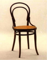 <p>bentwood chairs at Great Exhibition 1850s, awarded bronze medal</p><p>industrial design</p><p>*steam-forming machine to soften and bend wood around molds*--"gentle curve"</p><p>assembled on assembly line--only six parts</p><p>functional </p><p>Chair #14</p>