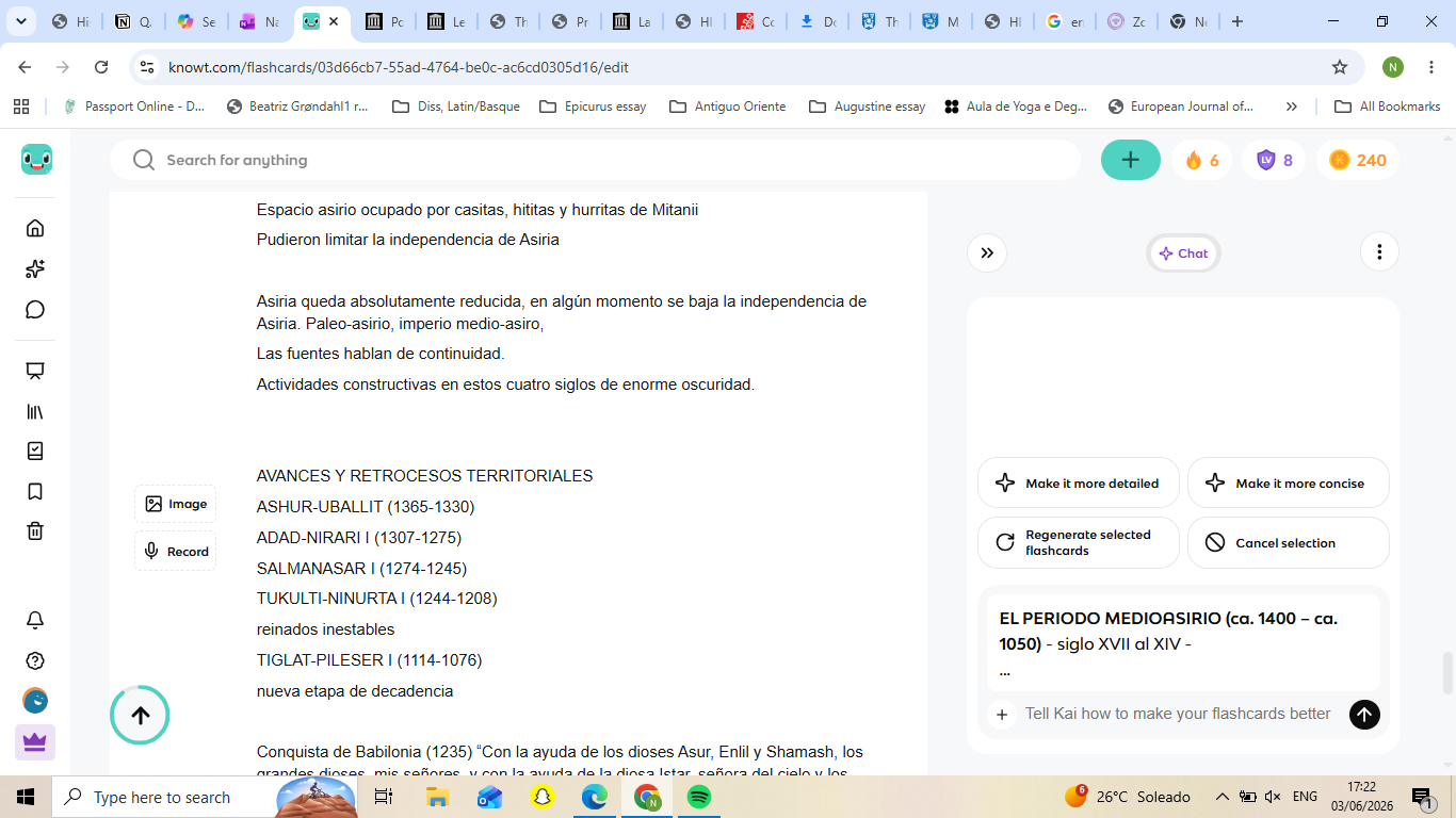 <p>siglo XVII al XIV -</p><p>Una época oscura, del siglo XVII al XIV.</p><p>El reino queda reducido a su mínima expresión</p><p>Espacio asirio ocupado por casitas, hititas y hurritas de Mitanii</p><p>Pudieron limitar la independencia de Asiria</p><p>Asiria queda absolutamente reducida, en algún momento se baja la independencia de Asiria. Paleo-asirio, imperio medio-asiro,</p><p>Las fuentes hablan de continuidad.</p><p>Actividades constructivas en estos cuatro siglos de enorme oscuridad.</p><p></p><p>3. el periodo medioasirio (ca. 1400 – ca. 1050)</p><p>ASHUR-UBALLIT (1365-1330)</p><p>ADAD-NIRARI I (1307-1275)</p><p>SALMANASAR I (1274-1245)</p><p>TUKULTI-NINURTA I (1244-1208)</p><p>reinados inestables</p><p>TIGLAT-PILESER I (1114-1076)</p><p>nueva etapa de decadencia</p><p>Avances y retocesos territoriales</p><p>Asiria resurge de su posición anterior con un nuevo rey</p><p>Ashur-Uballit (1365 – 1330) - nuevo renacer del poder asirio</p><p>Cartas a Amenofis IV</p><p>– 1a tono cauteloso y humilde</p><p>2a se llama 'gran rey', faron = hermano</p><p>No podemos detallar cómo se produce este renacimiento asirio, pero podemos rastrear cómo se produce.</p><p>Luchas hititas y Mitanni – intervenir en la alta Mesoptamia</p><p>Consolida su posición frente a hititas y toma babilonia (dominio efimero)</p><p>Asyira logrará independizarse de Mitani y también conquistar nuevamente Babilonia, Asyria en el norte, Babilonia en el sur.</p><p>Primero el rey intenta el El método diplomático de conquista de Babilonia consistió en casar a una de sus hijas con el hijo del rey de Babilonia. Aunque el dominio sobre Babilonia no es duradero, tras la muerte de Ashur: retoceso temporal de la dimensión de Asiria</p><p>A finales del siglo XIV, Asyirio se convierte en uno de los imperios más poderosos del cercano oriente.</p><p>Siglo XIII: Asiria = gran potencia</p><p>Adad-Nirari (1307 – 1275) Salmansar I (1274 – 1245) Tukultininurta I (1244 – 1208)</p><p>A1 W: Mitanni pasa a ser dominada directamente</p><p>1 = rey vasallo, rebelión, = Salamansar nobra al "rey de Hanigalbat"</p><p>Otra rebelión = conquista del N de Siria por Tukulti-Ninurta – hititas</p><p>Van a tener como enemigos directos a los hititas, se dirigirán hacia el sur y el este. Se encontrarán con la gente de los Zagros, zonas difíciles de conquistar debido a las montañas, pero necesitan acceder a sus riquezas, especialmente metales y caballos. ¿Qué harán entonces estas tribus nómadas? Irán al imperio asirio en busca de riquezas; su mejor agricultura es el saqueo.</p><p>Al E: campanas contra tribus de las montañas</p><p>Al S: conquista Babilonia (1235) - epopeya de Tukulti-Ninurta, un poema donde se inmortaliza la conquista</p><p>En el caso de los asirios, tras la conquista, se llevarán consigo a la gente.</p><p>Posteriormente, se suceden imperios inestables que pierden Babilonia y también zonas de la Alta Mesopotamia, debido a la expansión de los Arameos.]</p><p></p><p>Tiglat-Pileser I (1114-1076) - otra etapa de esplendor</p><p>Activadad belica constante en el frente de las montañas del norte</p><p>(esencial par la supervivencia del estado y el acceso a materias primas)</p><p>en el W:</p><p>Garantizar las comunicaciones con el Eufrates frente a las aramoes</p><p>Llega al med: tasas a Karkemish</p><p>En el S: toma Babilonia (epsiodio sin consecuencias políticas importantes)</p><p>En el sur, volverán a conquistar Babilonia, pero una vez más sin consecuencias políticas reales.</p><p>¿Estamos llegando a mediados del siglo XI donde el imperio medio asiático se acabó?</p><p>Nueva etapa decadencia; incursiones arameas</p><p>Los asirianas pierden la alta mesoptamia y hay sequía, hambruna y peste, todo esto lleva a la falta de comunicación y al caos.</p><p>Perida de la alta mesoptamia</p><p>Hambrunas e interrupción de las comunicaciones.</p><p></p><p>La sociedad el perido medioasirio</p><p>Estado medioasirio, ciudad comercial paleo-asiria (rey + grandes familias)</p><p>Poder del rey – nueva idealogia monararquia – anales asirios</p><p>Los annales asirios, vienen en estelas y a veces en prismas, si los analizamos aprendemos que comienzan con</p><p>Desde Tilgat-Pileser I, inscripciones reales con hechos en orden cronológico</p><p>Titulos y epitetos reales + campanas + cacerias + edificios donde se depositan</p><p>Estas funcionan para mostrarnos la estructura monárquica del nuevo imperio asiático.</p><p>Imagen ideal del rey asirio</p><p>es fuerte e infatigable en la guerra – da prosperidad y bienestar</p><p>campañas militares</p><p>Aseguran el territorio (N, peligro nómada)</p><p>Cubren escases de matieras primas</p><p>Disponibilidad de enormes recuros</p><p>- sistema de regadío y mejoras agrícolas</p><p>actividades constructivas</p><p>Centros administrativos en la alta mesoptamia</p><p>Renovación de ciudades (Ninive)</p><p>Fundación de nuevas ciudades reales</p><p>Salmanar I-Kalkhu?</p><p>Legitimar sus acciones invocando a dios</p><p>Creen que hay una motivación política para la construcción de Kar-Tukulti-Ninurta, Babilonia fue saqueada, Babilonia era un lugar culturalmente reconocido y los asirios a menudo utilizaban escribas babilonianos y tenían bibliotecas de libros babilónicos.</p><p>Caza = símbolo de la capacidad del rey para dominar las fuerzas salvajes</p><p>Concentracion de animales y plantas = simbolo del control del mundo</p><p>Era muy normal que como forma de magnificar el poder de Asiria, hubiera grandes jardines y animales/plantas importados de todo el mundo. Era un símbolo del control del mundo; los animales exóticos a veces eran enviados por los reyes con quienes se comunicaban, por ejemplo, elefantes del faraón.</p><p>Los anales reales también hablan de las cualidades ideales de los reyes.</p><p>Es piadoso: justicia (juez supremo) y religión.</p><p>Cualquiera podía presentarse a las puertas del palacio y solicitar una audiencia con él o con los magistrados.</p><p>Leyes medioasirias y decretos de palacio, donde en realidad hay una serie de leyes que describen en detalle el protocolo en un palacio asiático. Las leyes medioasiras se conservan en varios fragmentos.</p><p>Sociedad extremadamente patriarcal donde el castigo corporal era la norma.</p><p>Especial relacion con los dioses</p><p>Servidor humano del divino amo del pais</p><p>Coronacion: le dan órdenes especificas: "con esta maza extiende las fronteras"</p><p>Noción de gerra como cruzada religiosa – noción de bárbaro</p><p>Enemigos malvados/Asiria civilizada que teme a los dioses</p><p>Guerra = acto de defensa de la paz y la justicia</p><p>Hemos visto como el dios Asur, la ciudad y la zona tienen el mismo nombre, de ahí viene la noción de barbario, todo lo que no es es barbaro,</p><p></p>