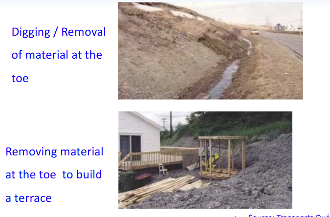 <p>Digging/Removal of material at the toe</p><p></p><p>Removing material at the toe to build a terrace</p>