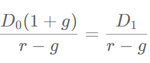 <p>Most common type of dividend discount model, used for the assumption that dividends grow forever at a constant rate.</p><p>g = dividend growth rate       r = required rate of return</p><p>D0 (1+g) = Expected Dividend next period</p><p></p>