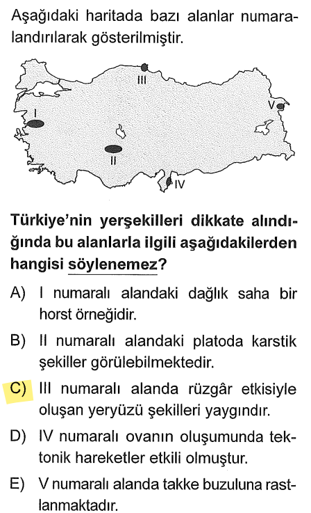 <p>III numara Batı Karadeniz kıyılarıdır. Rüzgâr şekilleri (kumullar vb.) kurak bölgelerde (İç Anadolu ve Güneydoğu) görülür. Karadeniz nemlidir, burada "akarsu" ve "dalga" şekilleri baskındır.</p>
