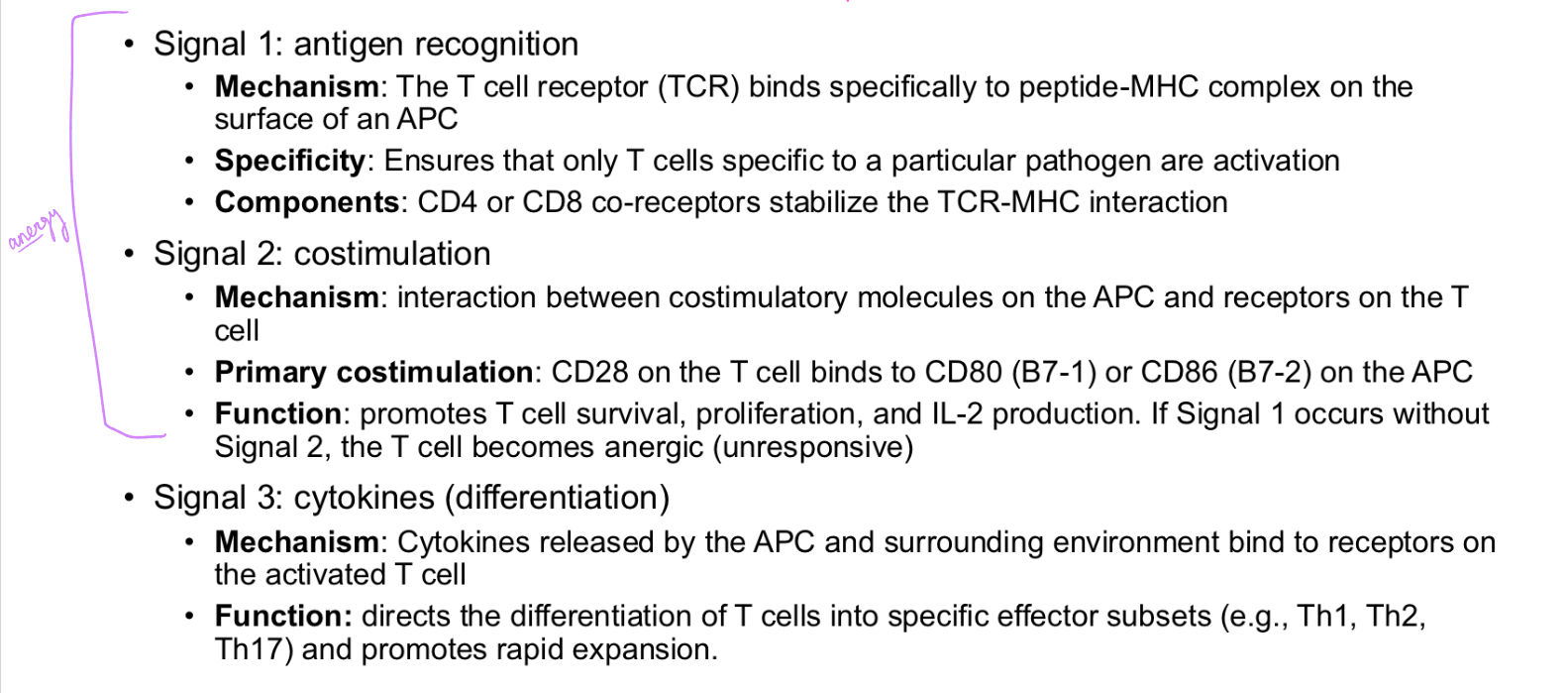 <p>T cell activation is mediated by three signals:</p><ol><li><p><strong>TCR recognition of antigen-MHC.</strong><br>TCR binds to _ on _.<br>Ensures only T cells specific to particular pathogen are activated.<br>CD4/CD8 coreceptors stabilize TCR-MHC interaction.<br></p></li><li><p><strong>Contact with costimulatory ligands.</strong><br>Interaction btwn costimulatory molecules on _ and _.<br>_ on T cell binds to CD80 or CD86 on APC.<br>Promotes T cell survival, prolif, and IL-2 prod.<br><br>IF SIGNAL 1 OCCURS WITHOUT SIGNAL 2, THE T CELL BECOMES _.<br></p></li><li><p><strong>Cytokines directing T cell differentiation into distinct effector cell types.</strong><br>Cytokines released by _ and surrounding environment bind to TCR. Directs differentiation of T cells into specific effector subsets (ex. ___) and promotes rapid expansion.</p></li></ol><p></p>
