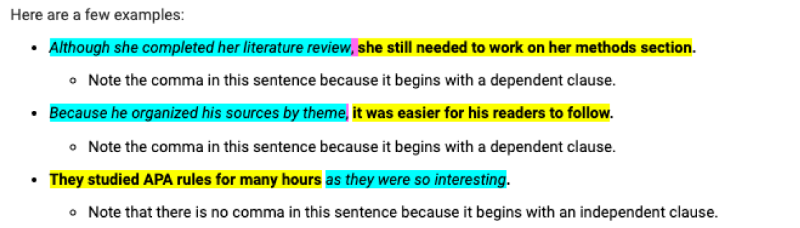 <ul><li><p>Contains at least 1 independent clause and 1 dependent clause</p></li><li><p>Dependent clauses can refer to the subject (Who, Which), the sequence / time (Since, While) or the casual elements (Because, if) of the independent clause</p></li><li><p>If a sentence begins with a dependent clause, note the comma after the clause</p></li><li><p>If the sentence begins with an independent clause there is not a comma separating the two clauses</p></li></ul><p></p>