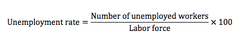 <p>The percentage of the total number of people in the labor force who are unemployed.</p><p>EX: Unemployed: 100,000</p><p>Labor force: 800,000</p><p>(100,000/800,000)x100=12.5%</p>