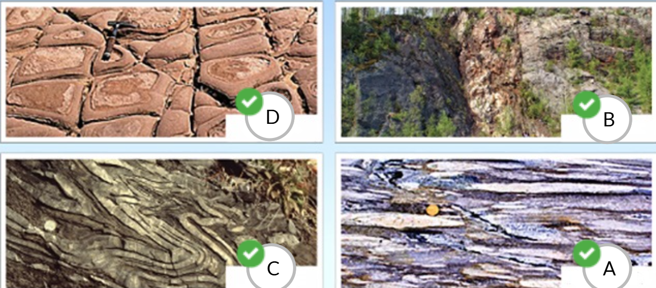 <p>What type of rock deformation does each letter represent in the photo</p>
