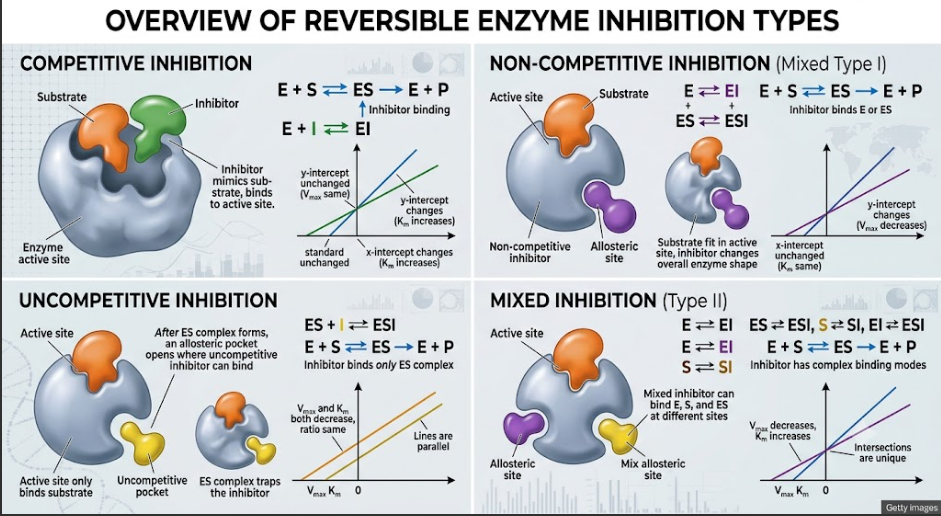 <p>two groups:</p><ul><li><p>irreversible: permanently covalently bond to and destroy the enzyme, like aspirin or penicillin</p></li><li><p>reversible: temporarily bind and detach. Include 3 types: competitive, non competitive, uncompetitive</p></li></ul><p></p>