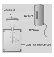 <p>Apparatus – UV light, visible light source, zinc plate, gold leaf electroscope. Procedure – • Place the zinc plate on the cap of the electroscope.• Charge the electroscope negatively (by induction). • Shine the UV light on the plate. Observation & Conclusion – The leaf in the GLE collapses</p>