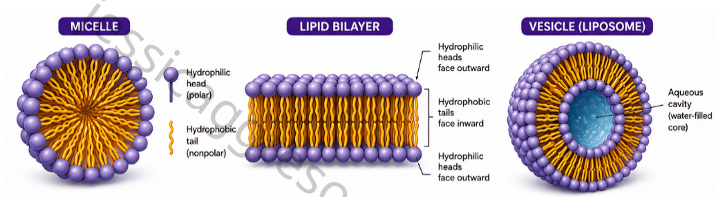 <ol><li><p>Micelle</p></li><li><p>Lipid bilayer</p></li><li><p>Vesicle/Liposome</p></li></ol><p></p>