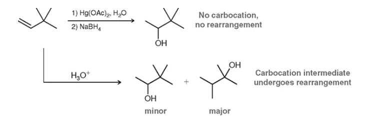 <p>rearrangements —> most acid-catalyzed will be a 1,2 hydride shift or 1,2 methyl shift. fast way to memorize: move to where is party is most full (tert)</p>