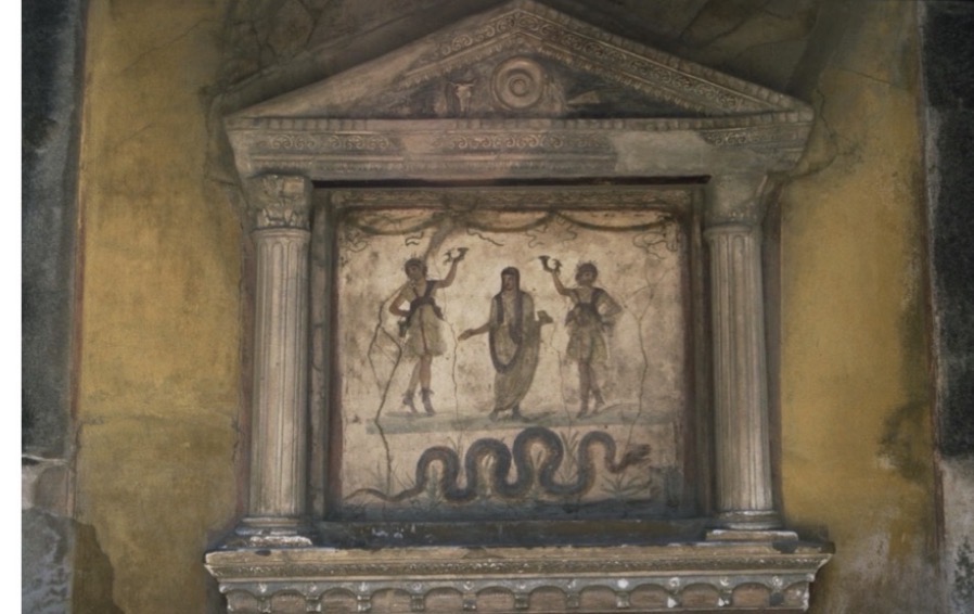 <p>What- lares were Roman household guardian spirits and they protected the family,home, and prosperity</p><ul><li><p>the painting below shows a lararium from the house of vettii in Pompeii with the snake symbolizing prosperity</p></li><li><p><span>Shows that Roman religion was practiced daily at home, not just in temples.</span></p></li><li><p><span>﻿﻿Families made offerings and sacrifices to maintain good relations with the gods and spirits.</span></p></li><li><p><span>﻿﻿Connects to Religio, Pietas, and Pax Deorum.</span></p></li></ul><p></p>
