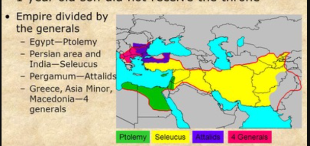 <p>started with the death of alexander the great</p><p>the hellenistic period was in the four kingdoms that alexander the great’s empire was split into</p><p>ended with the death of cleopatra</p>