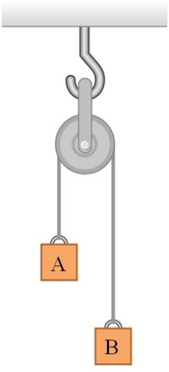 <p><span>Blocks A and B have equal masses and are connected by a rope that passes over a frictionless pulley, as shown. At this moment, the system is at rest. Compare the magnitudes of the force of tension exerted on block A and the force of tension exerted on block B. </span></p>