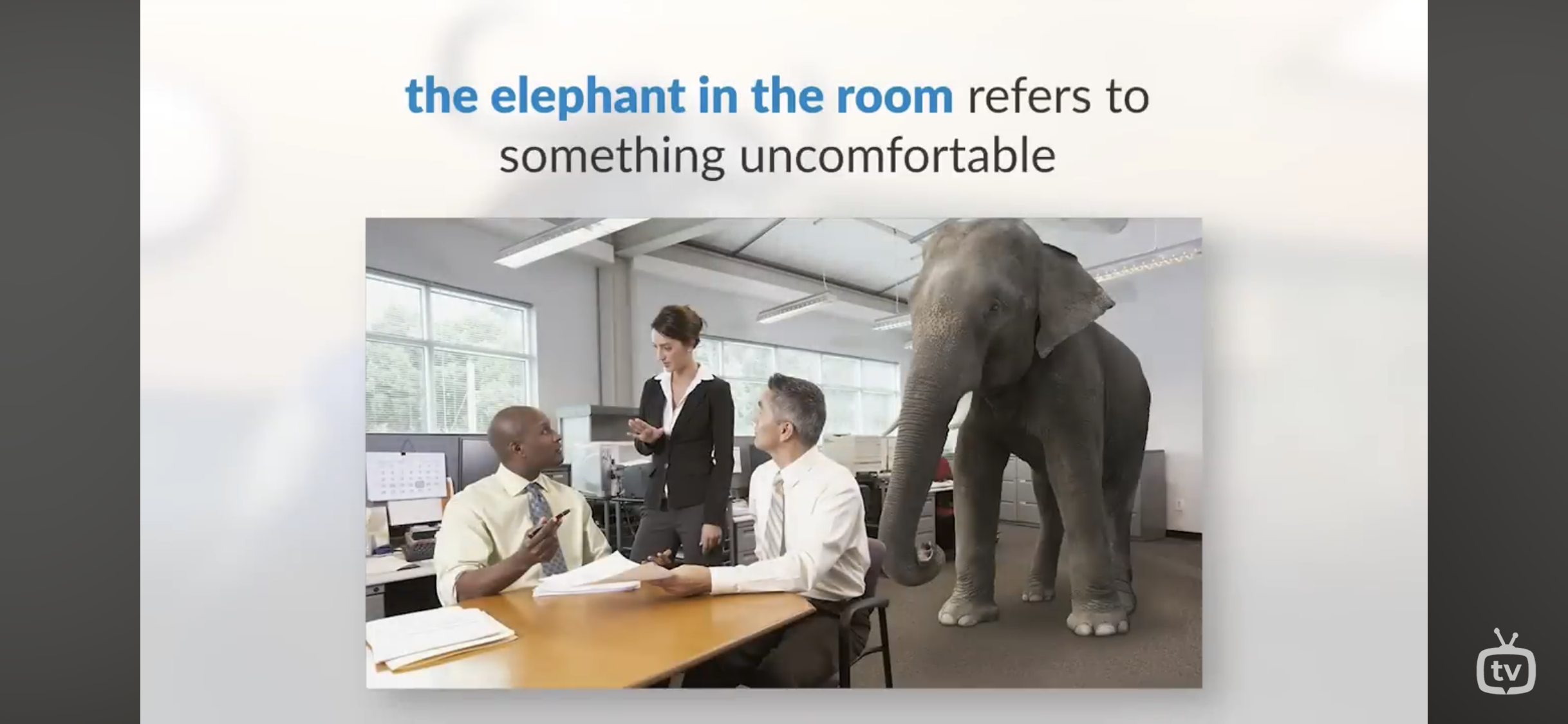 <p>Refers to something uncomfortable And awkward that everyone in the room is talking about, but it’s avoiding speaking about</p>